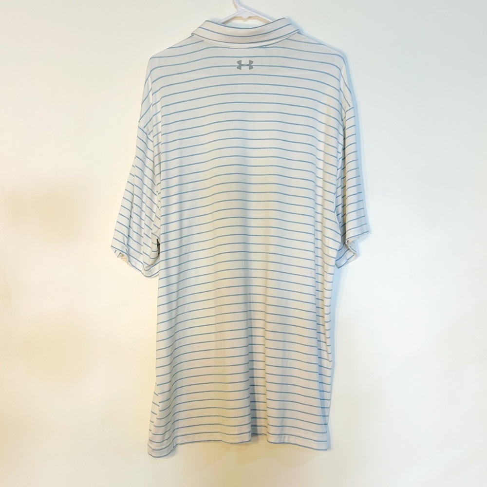 Under Armour Blue White Striped Short Sleeve Polo Golf Shirt Three Button Collar - Picture 3 of 6